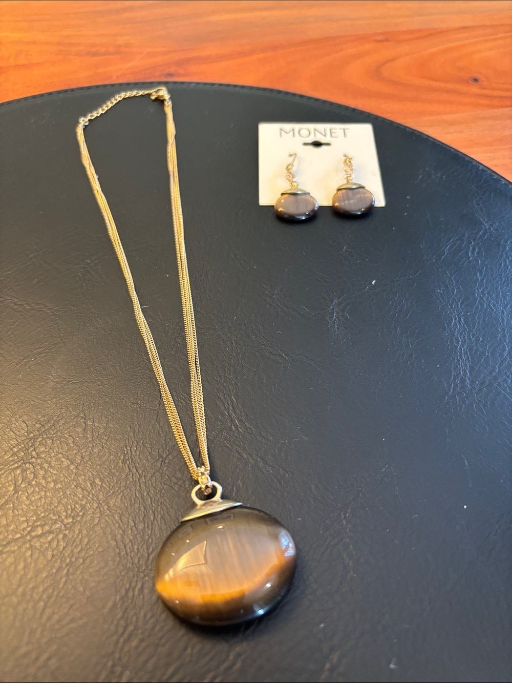 Monet Gold-Tone Necklace and Earrings with Brown Cat's Eye Cabochons